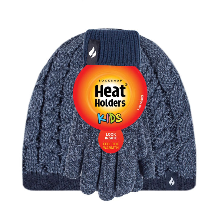 Bonnet et gants torsadés Enfant — Denim et marine