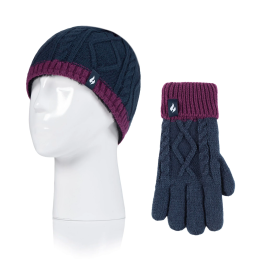 Bonnet réversible et gants torsadés Enfant — Marine et violet