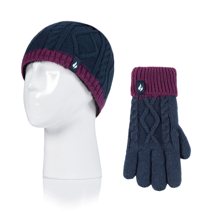 Bonnet réversible et gants torsadés Enfant — Marine et violet