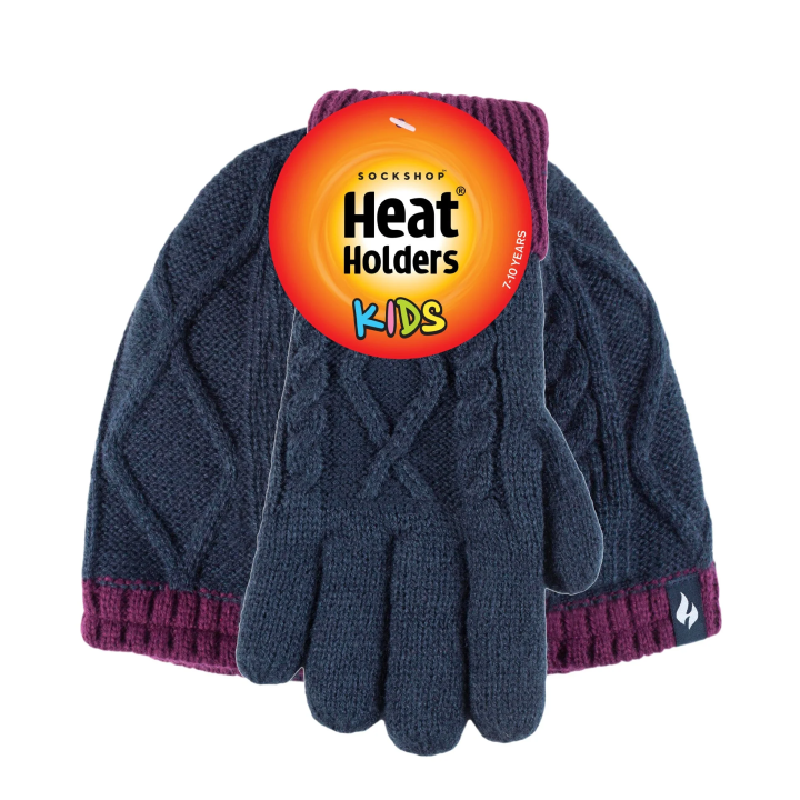 Bonnet réversible et gants torsadés Enfant — Marine et violet