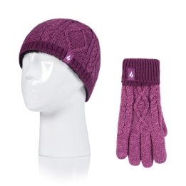 Bonnet et gants torsadés Diamond Enfant — Rose et violet