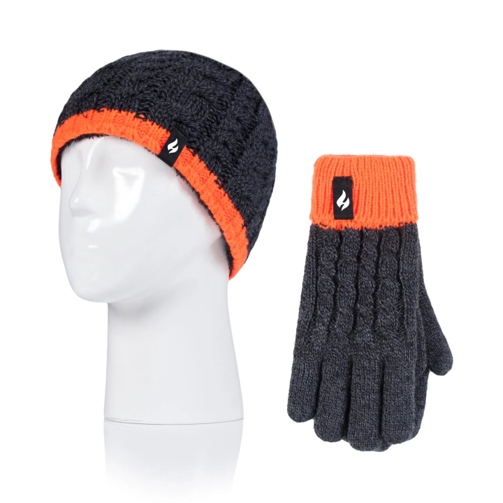 Bonnet et gants torsadés Enfant — Anthracite et orange