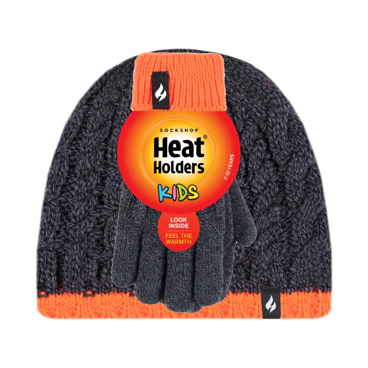 Bonnet et gants torsadés Enfant — Anthracite et orange
